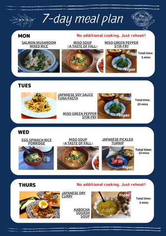 MIWA's Healthy Japanese Cooking Course Meal Plan Example