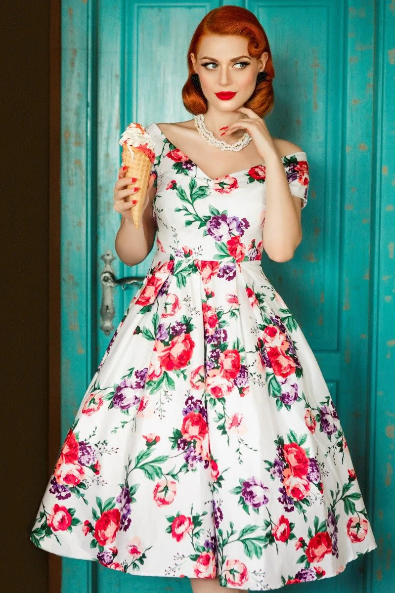 Image of Lily Swing Dress in White Floral  