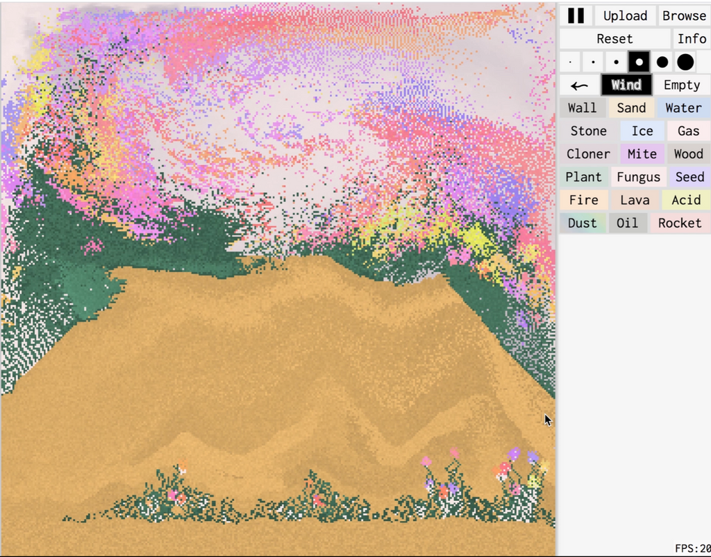 Sandspiel example work. Options on the right for creating drawings include virtual materials like sand, ice, fungus, acid, lava, and more.