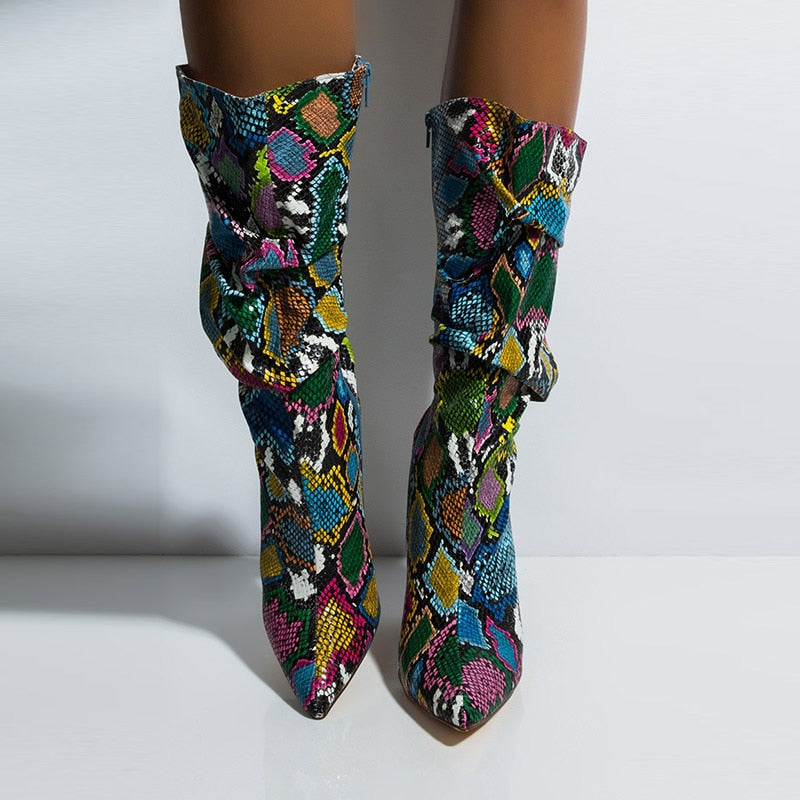 multi colored snakeskin booties