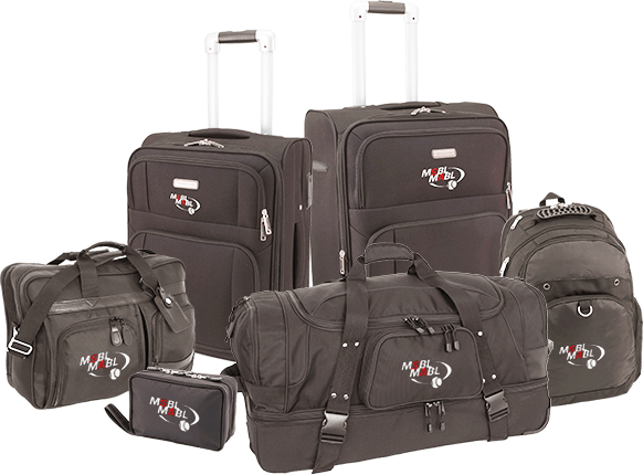 group of mercury luggage bags with embroidered logos