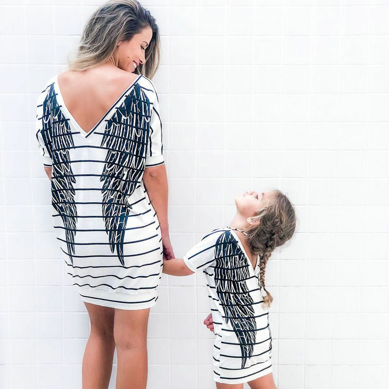 Mother Daughter Short Sleeve Striped Dress Matching Outfits Wings