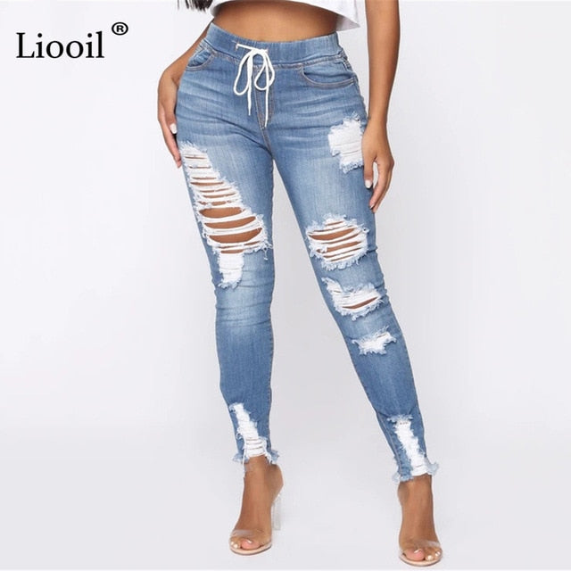 Light Blue Ripped Jeans for Women 2021 Street Style Sexy Mid Rise ...