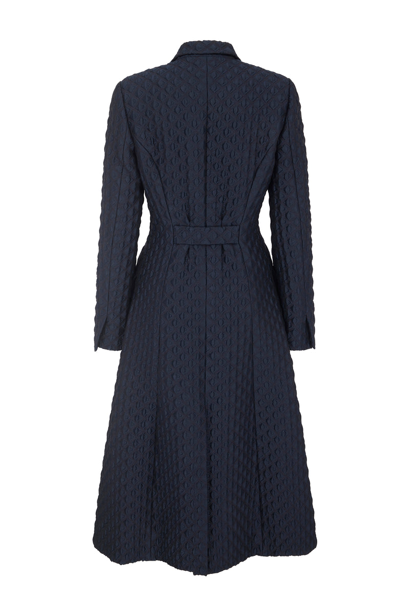 Tux Coat Diamond Cloqué | Luxury Navy Blue Winter Coat | Suzannah London