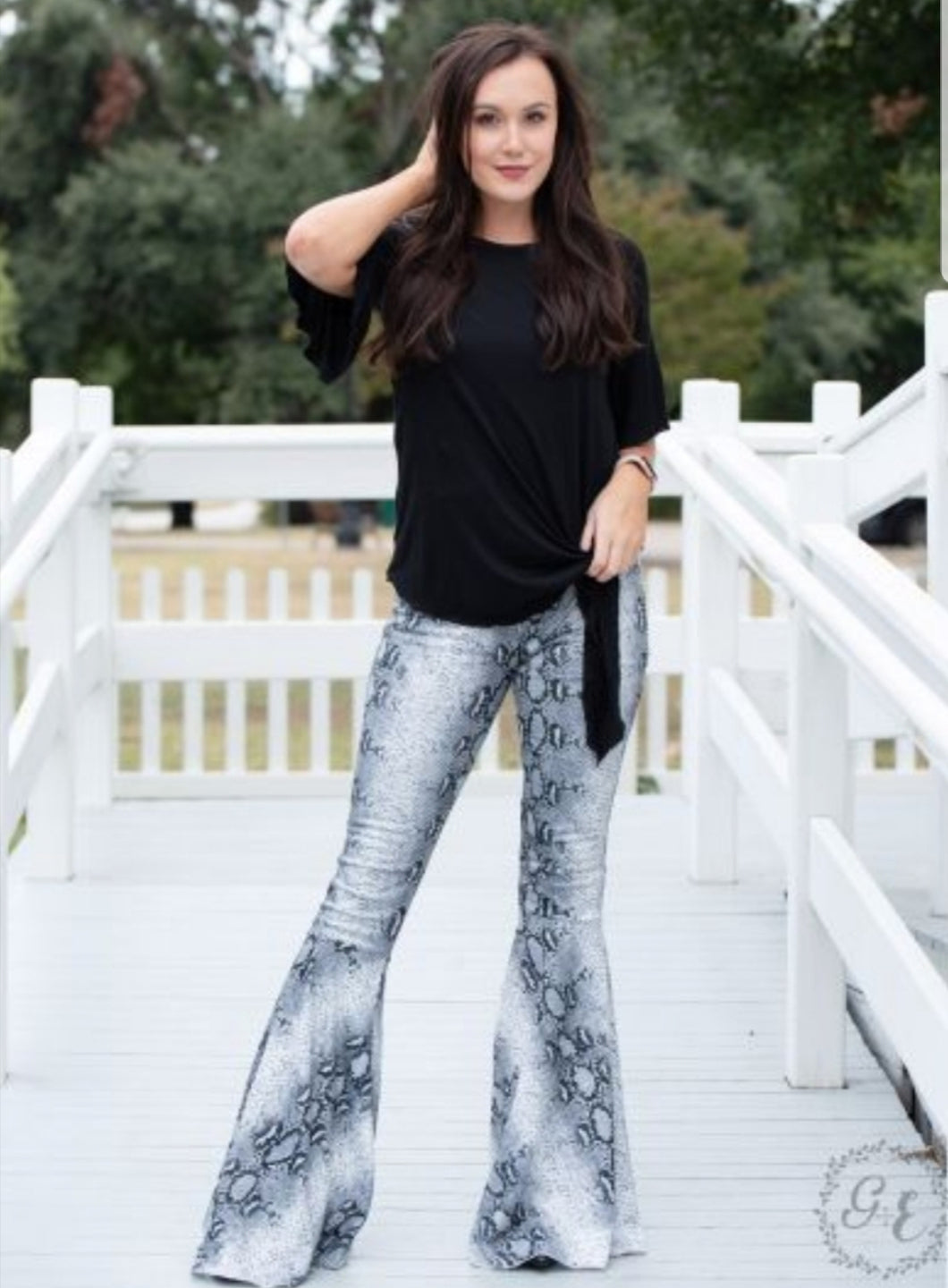 snakeskin flare pants