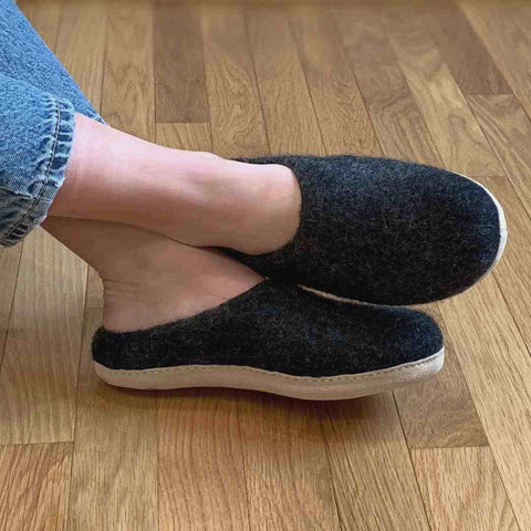 Charcoal astoria slippers on wood floor