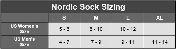 Nootkas Alpaca Nordic Sock Size Chart
