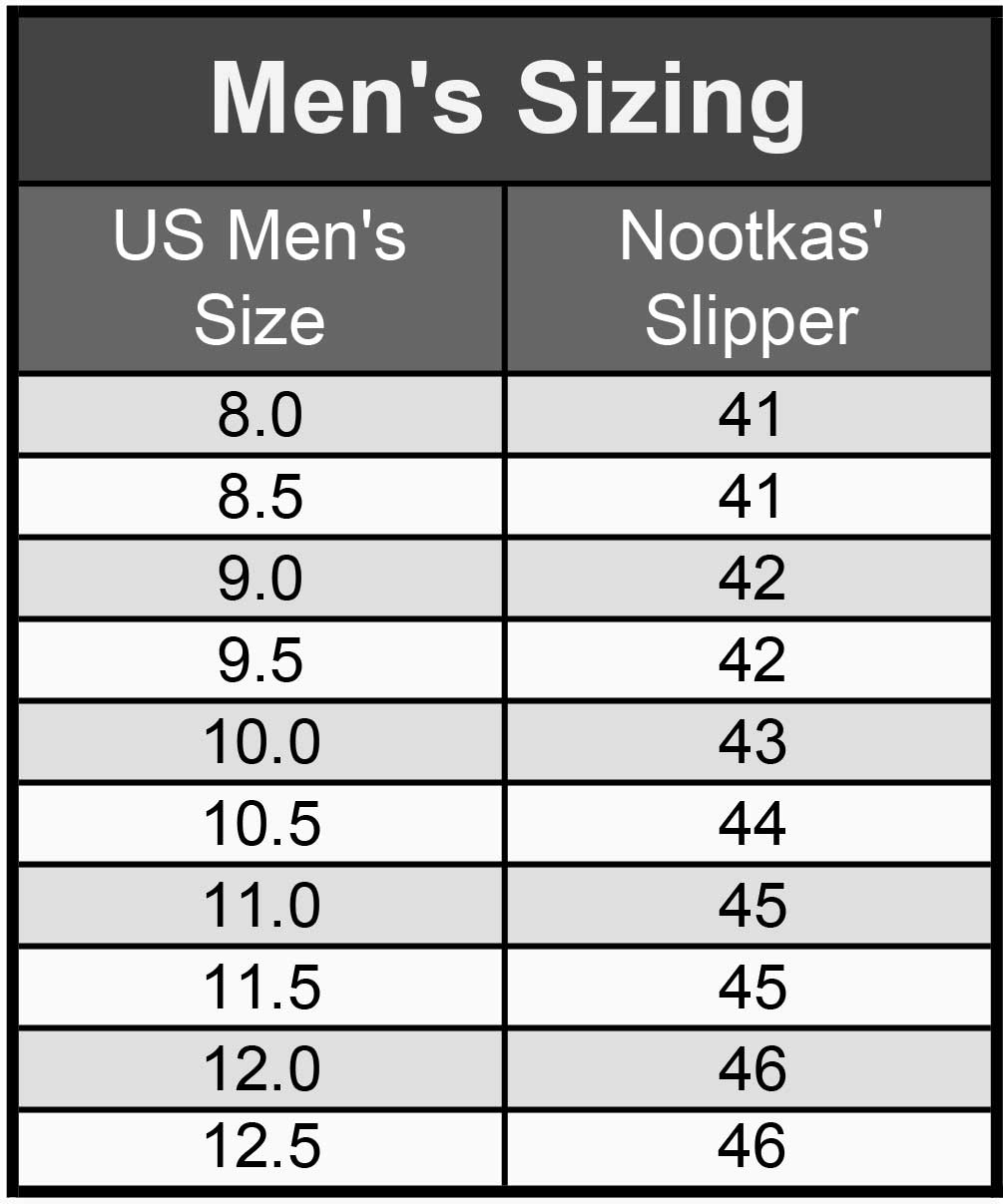 Nootkas Slippers Mens size chart