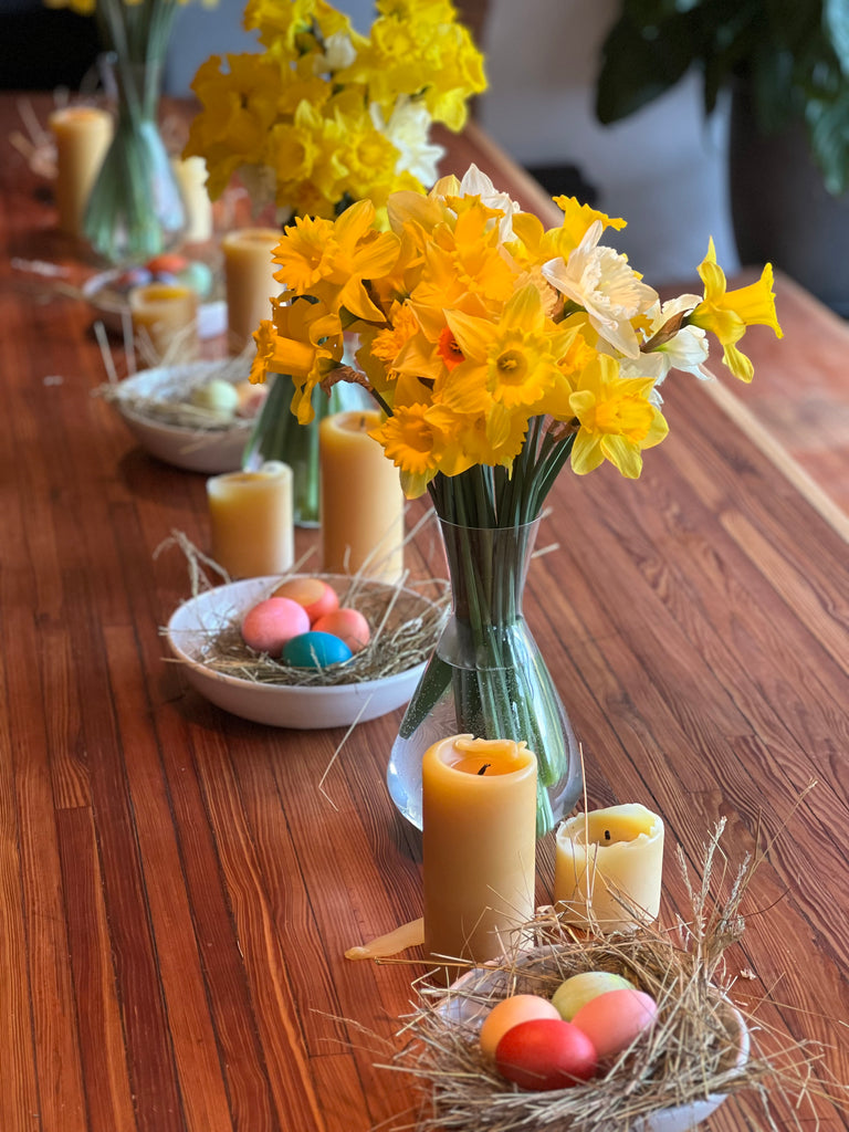 daffodils and Easter table setting 