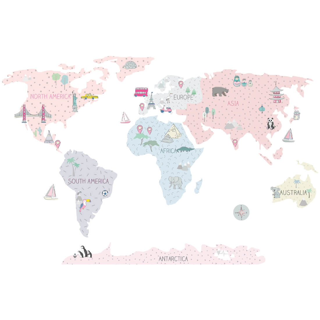 pastelowe love Wall Sticker | Pink Map - Size M