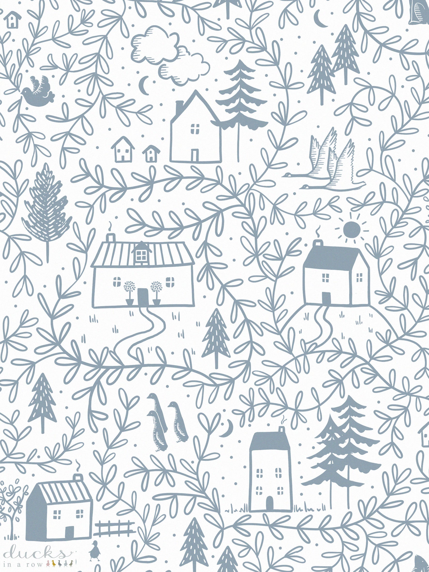 Ducks In A Row Cottages in the Woods Luxury Children's Wallpaper ~ Dusk - Rolls