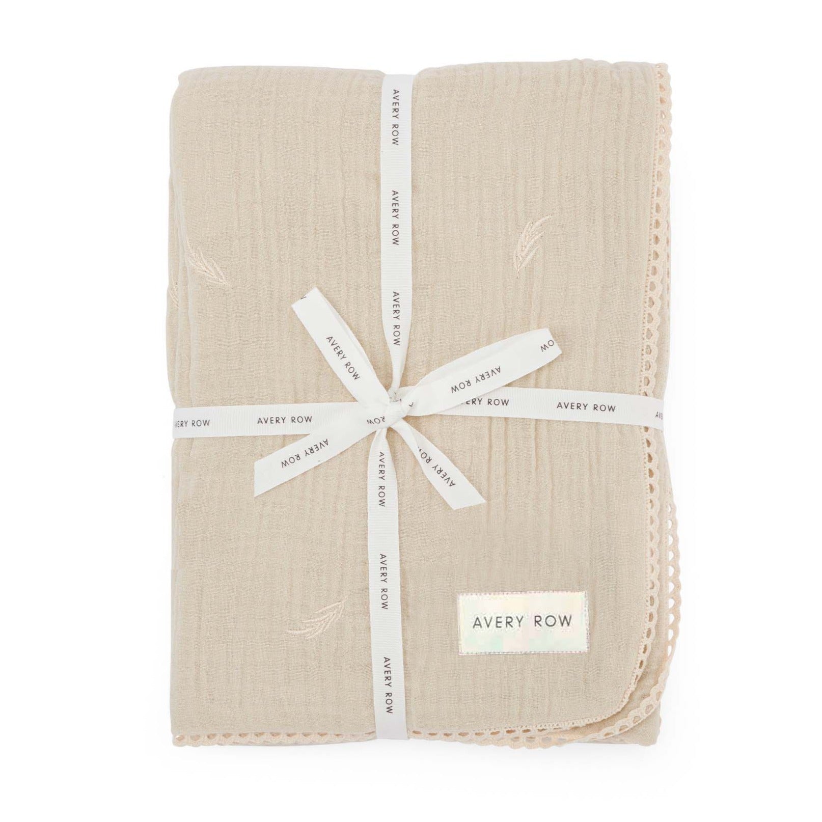 Avery Row Embroidered Muslin Blanket - Grasslands, Milky White