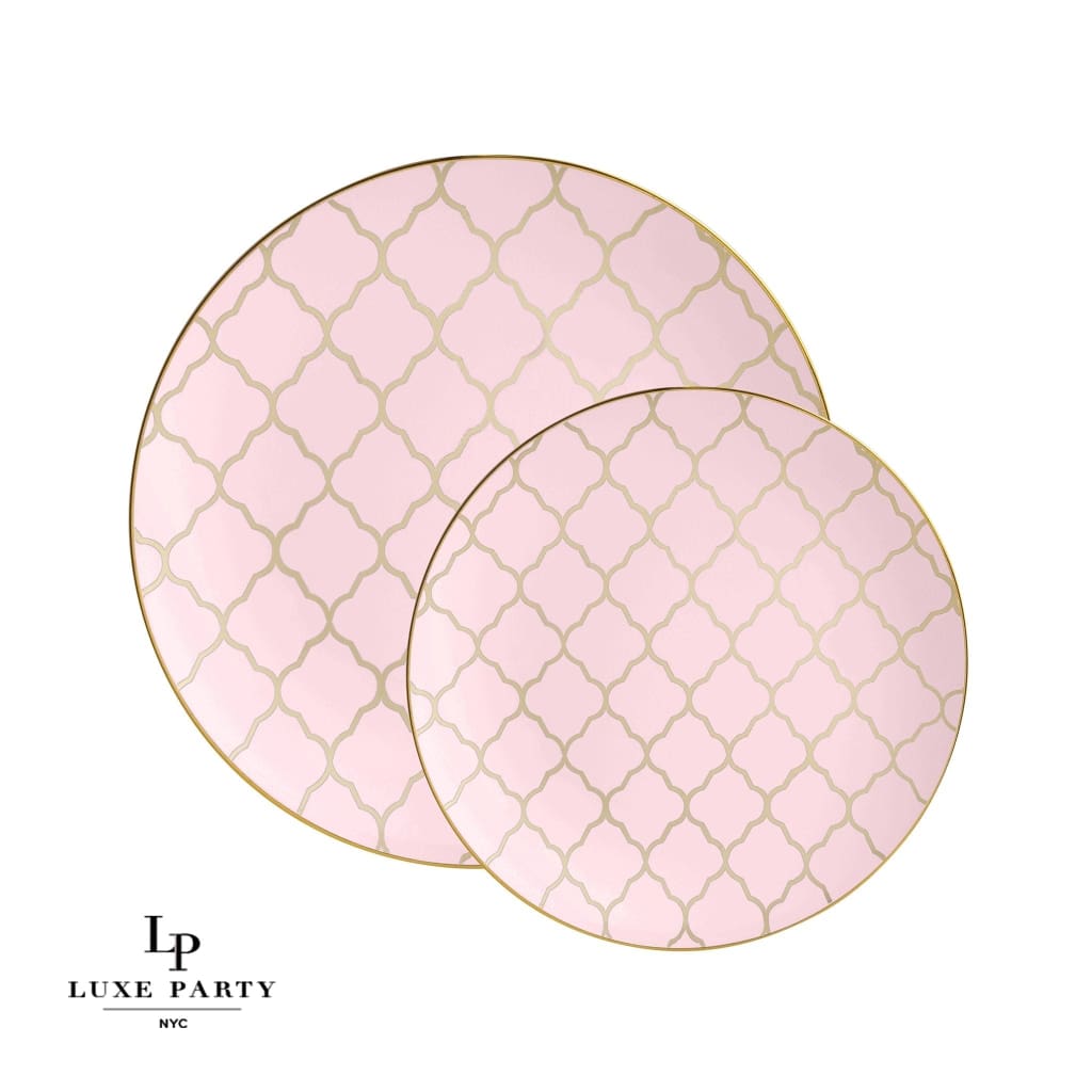 Round Blush • Gold Lattice Pattern Plastic Plates | 10 Pack