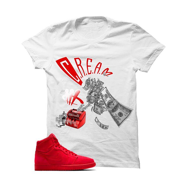 cream and red t shirt