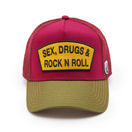 Cult's Logo Mesh Back Trucker Hat "Sex Drugs Rock N Roll" in Rumba Red 625BC-CH102A-ONE