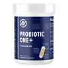 A probiotic supplement in a blue container with 30 dual capsules