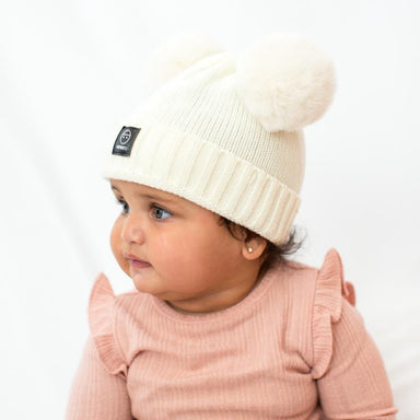 Baby Snap On Pom Poms Beanie with Strings Ivory