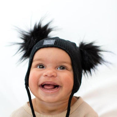 Baby merino wool black beanie with snap on double pom poms by Miminoo — MKS  Miminoo