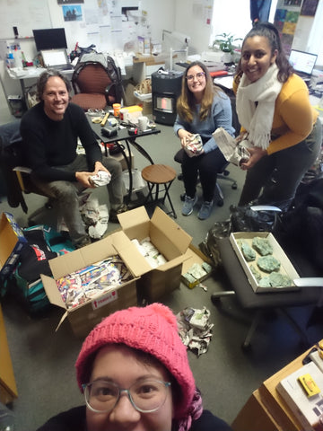 Oy-Ling, Adriaan, Paula and Kanita unboxing a crystal and mineral shipment at the Johannesburg office in 2020