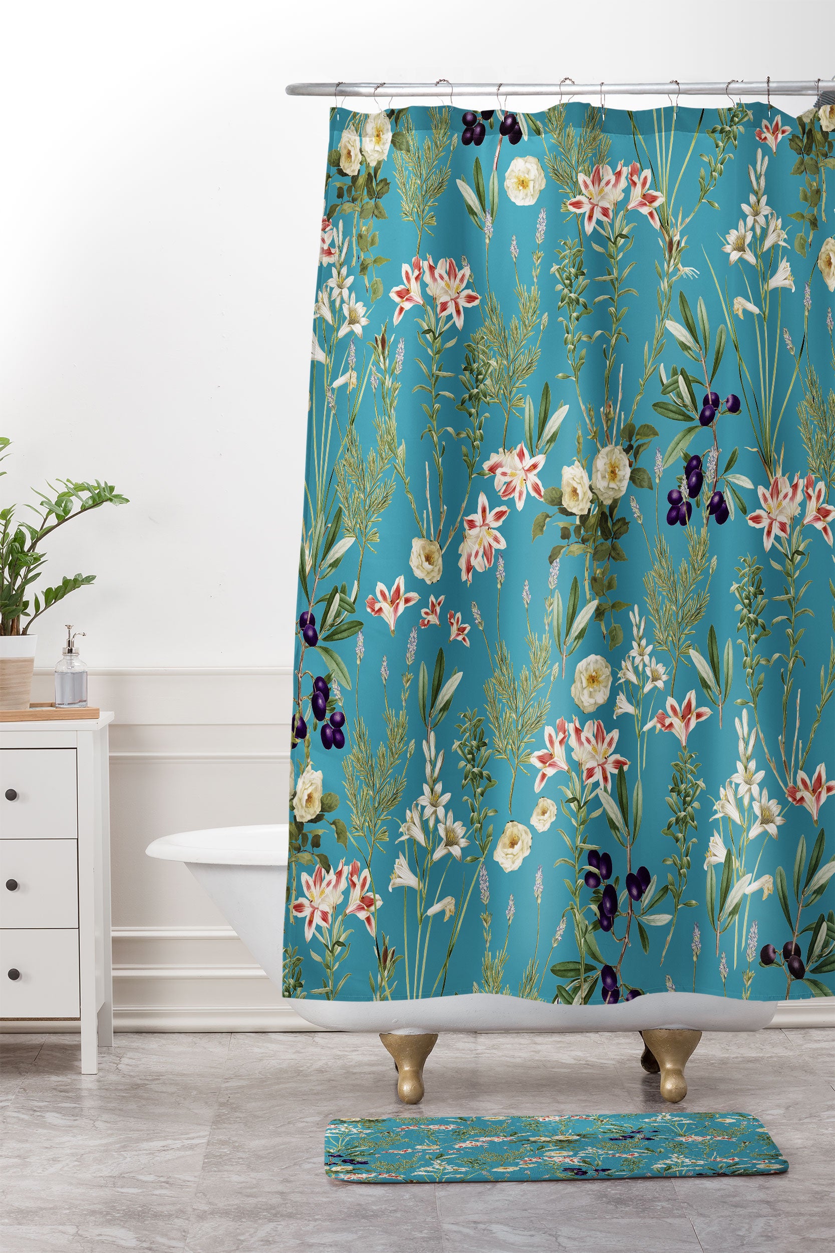 Teal Botanical Garden Shower Curtain And Mat 83 Oranges