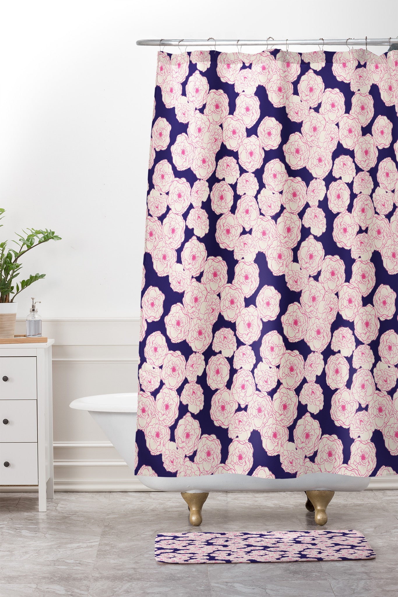 navy and pink shower curtain