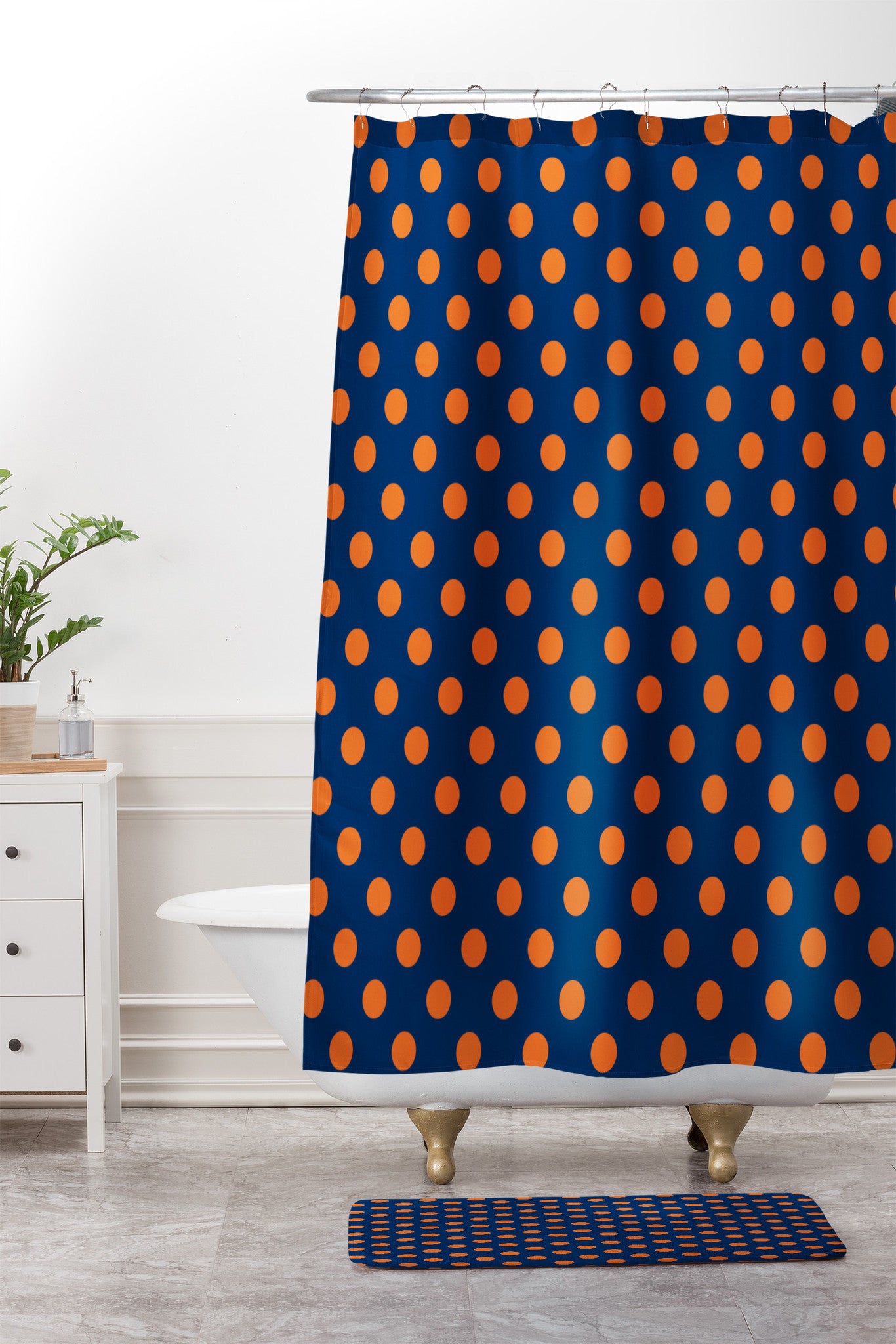 Blue And Orange Polka Dots Shower Curtain And Mat Leah Flores