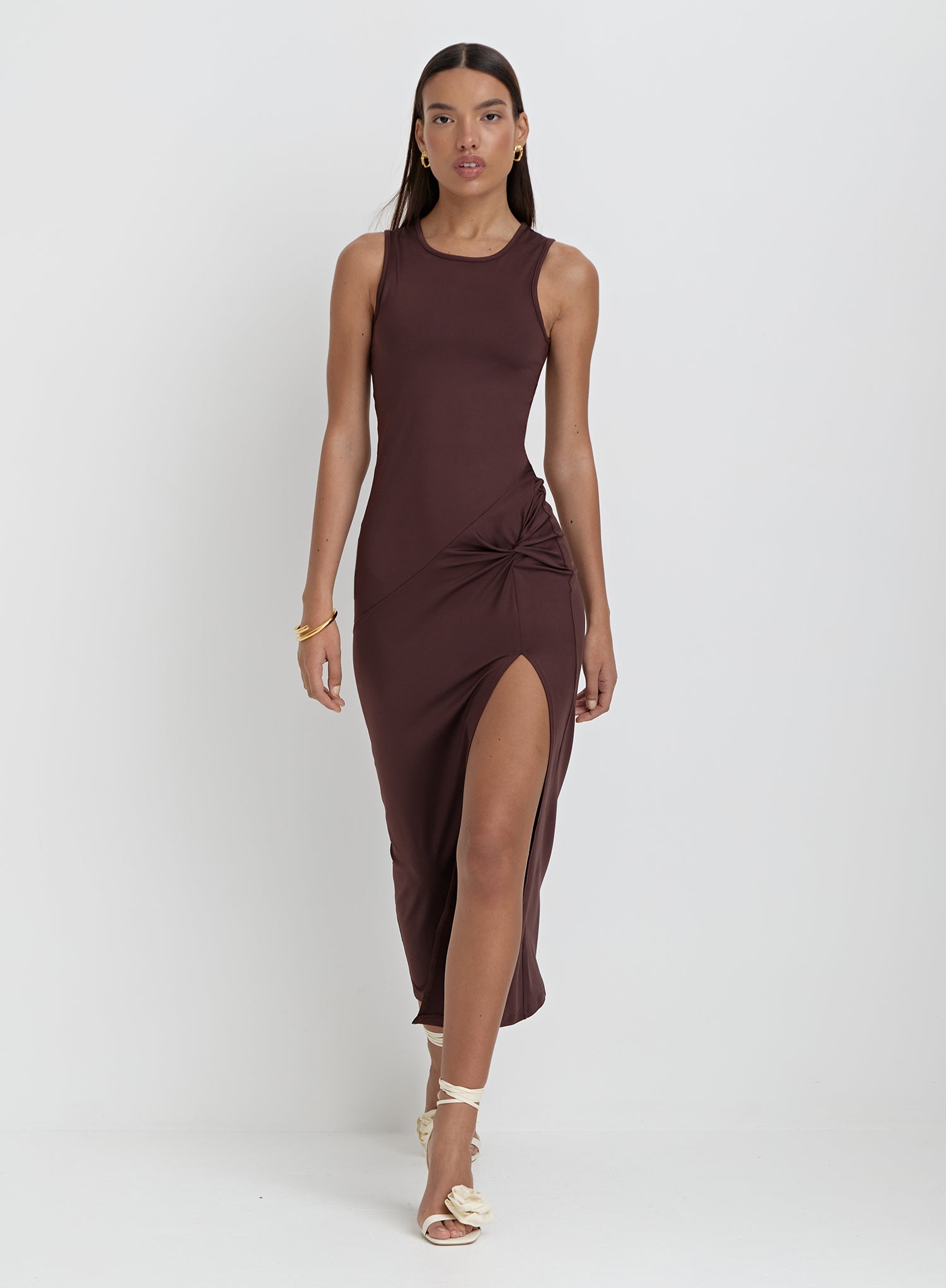 Image of Brown Slinky Side Split Maxi Dress- Lorena