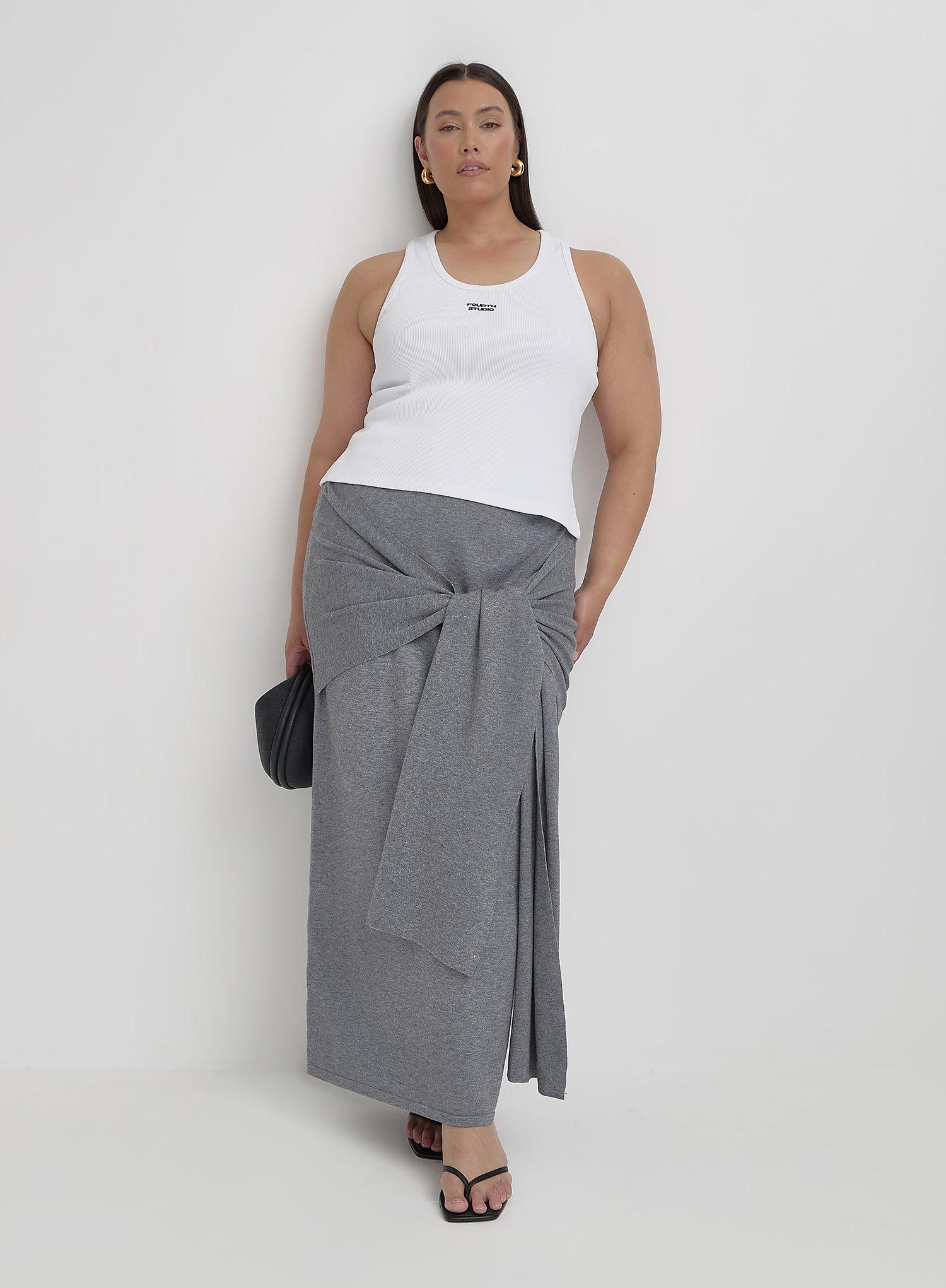 Image of Grey Curve Knit Tie Front Maxi Skirt- Alana