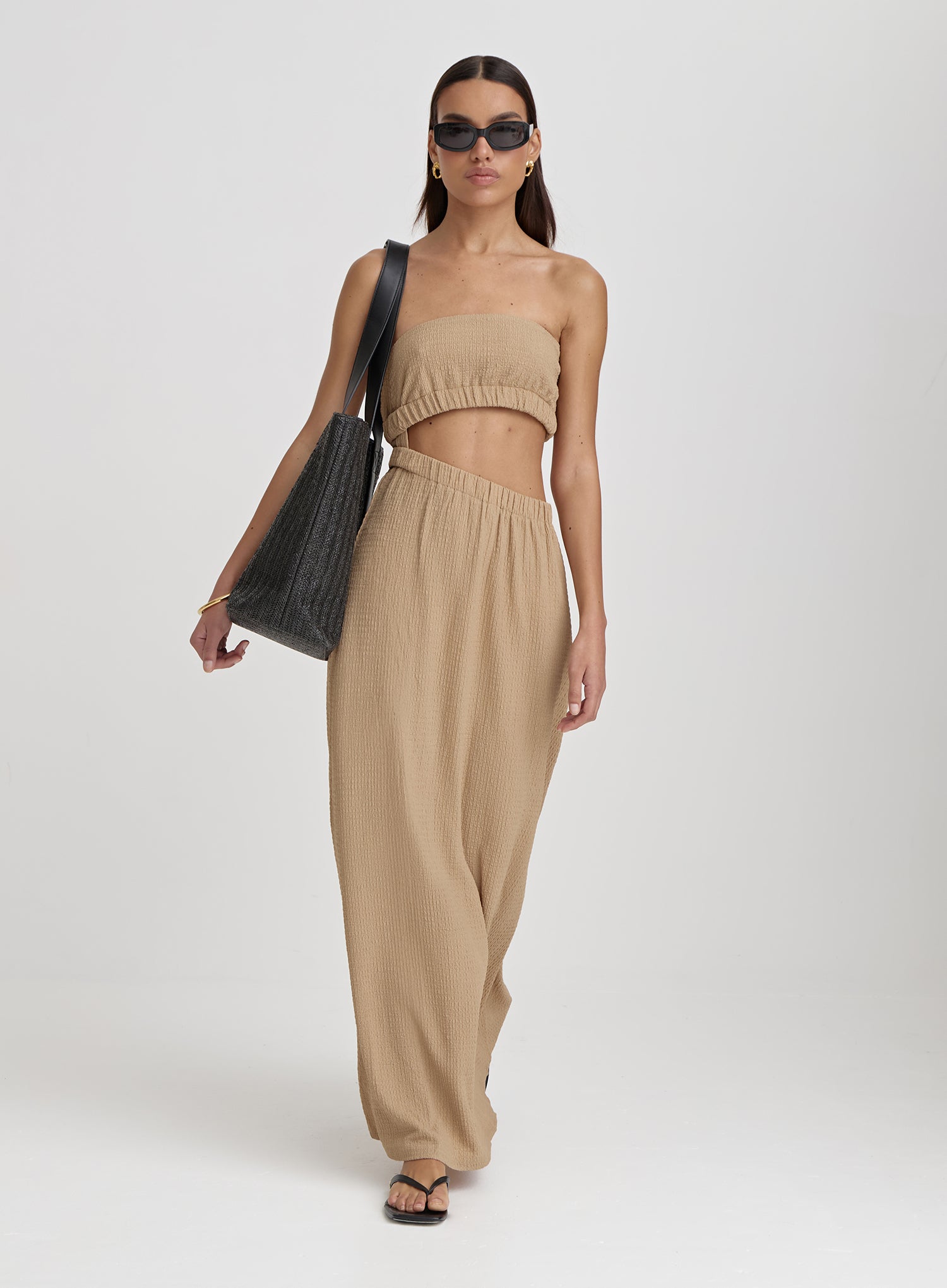 Image of Camel Textured Cut Out Bandeau Maxi Dress- Angie