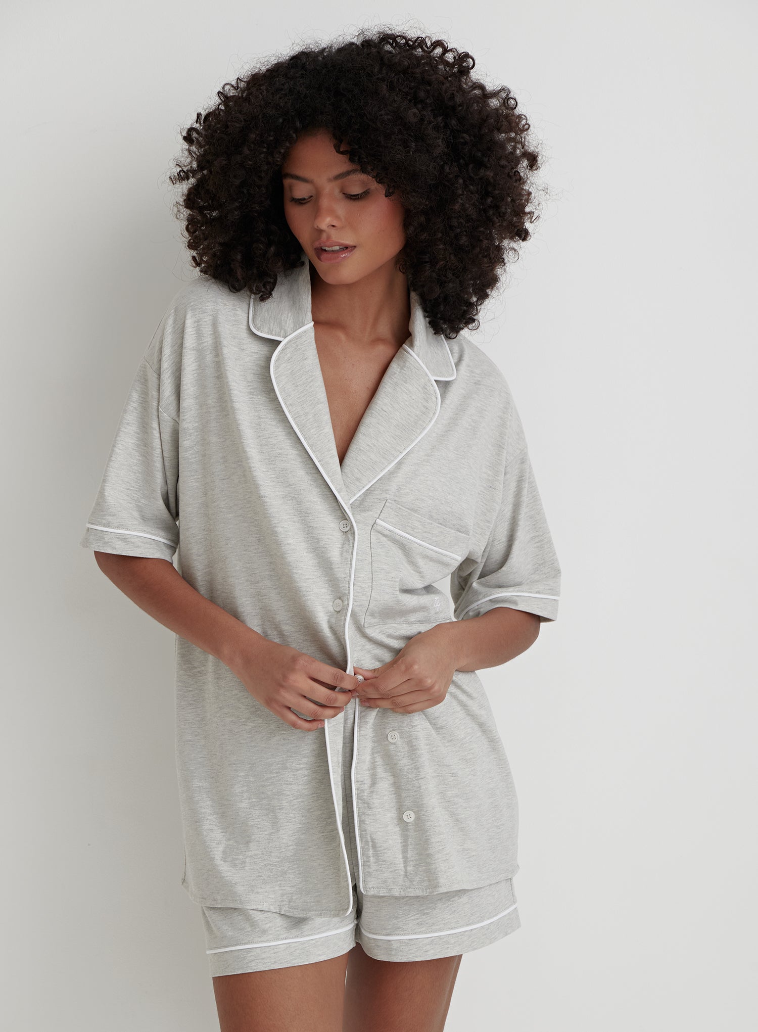 Image of Grey Marl Jersey Pyjama Short Sleeve Shirt- Chelsie