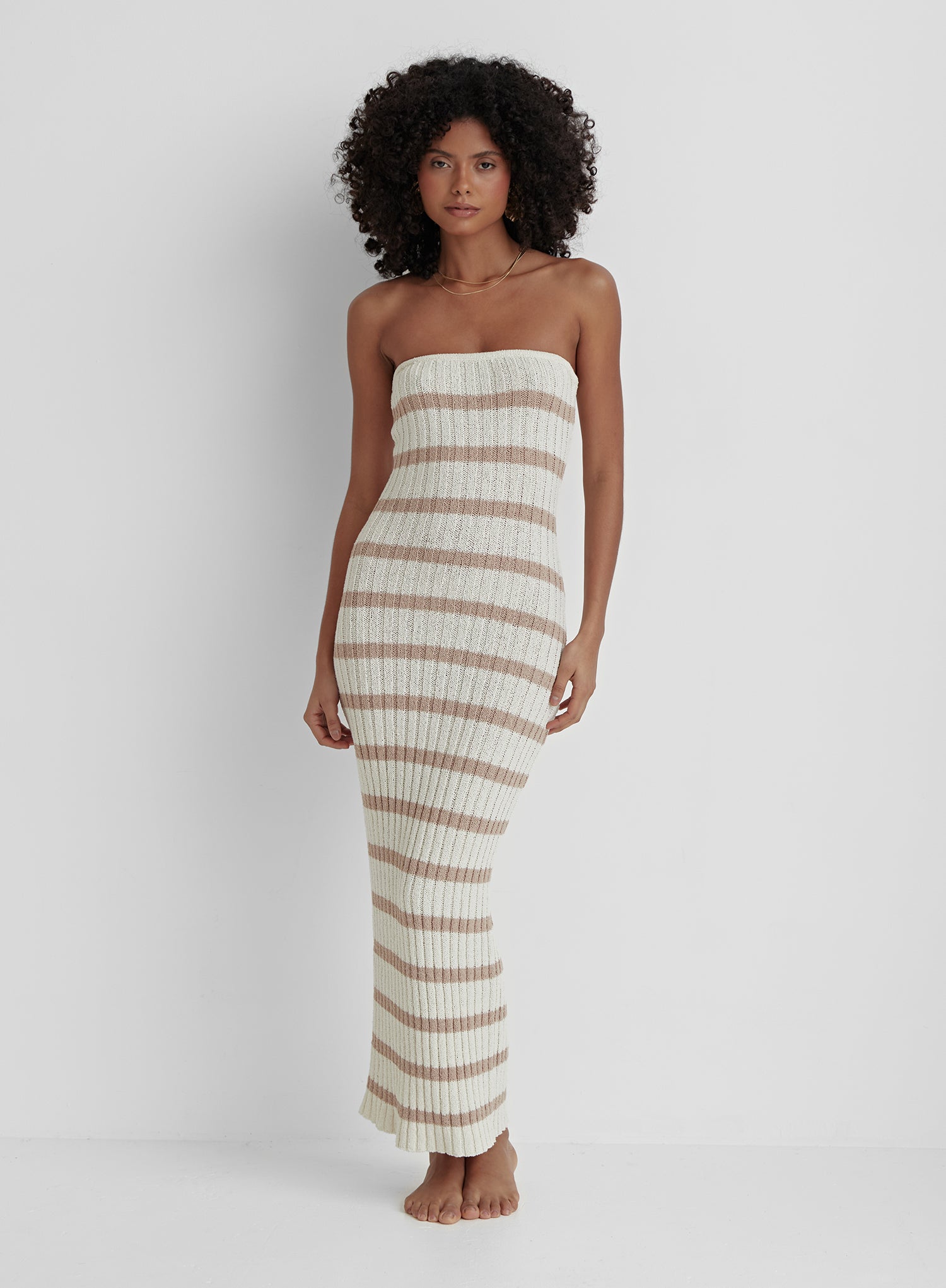 Image of Cream And Beige Stripe Knit Dress- Como