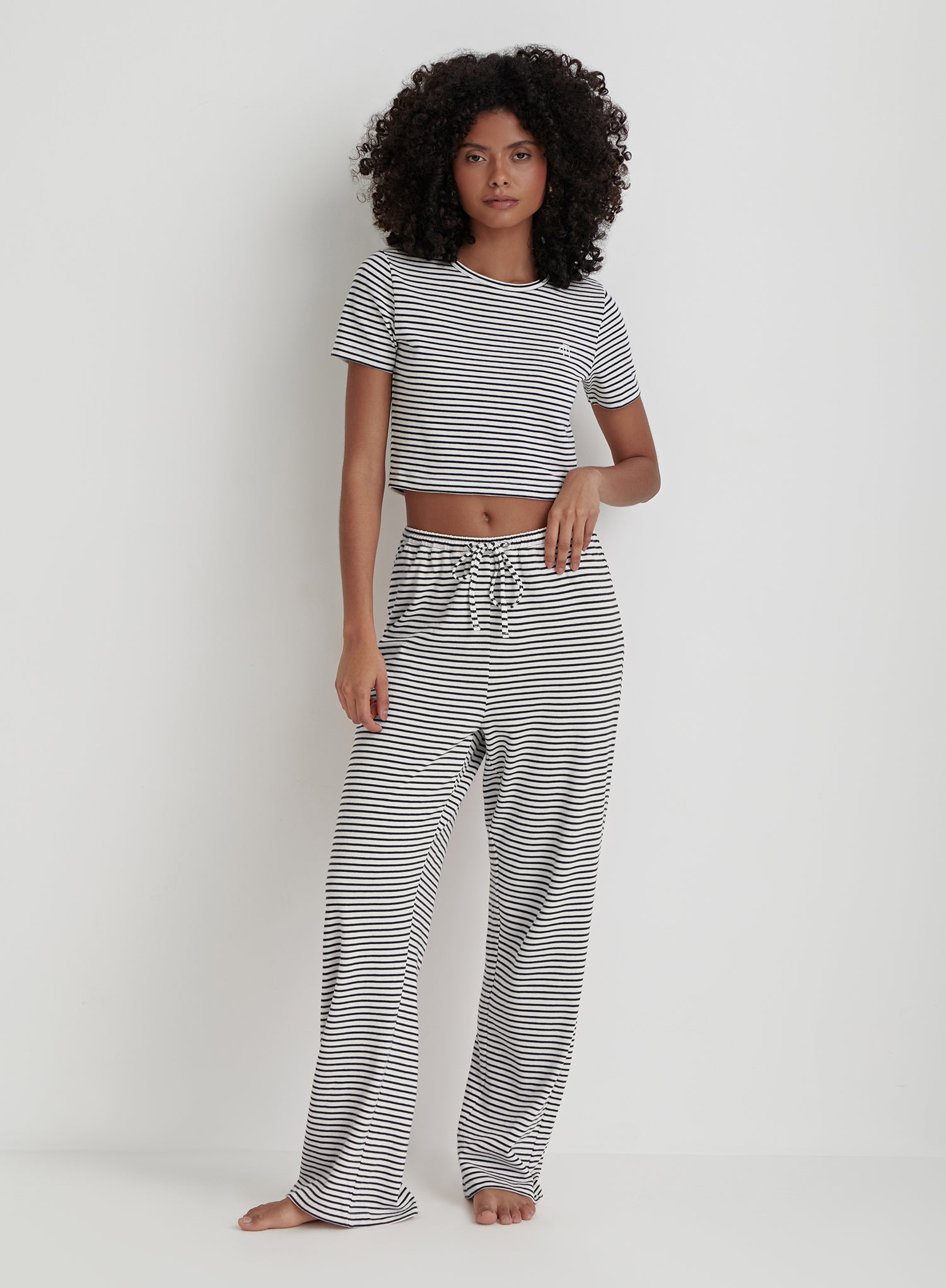 Image of Navy And White Striped Jersey Pyjama Trouser- Mabel
