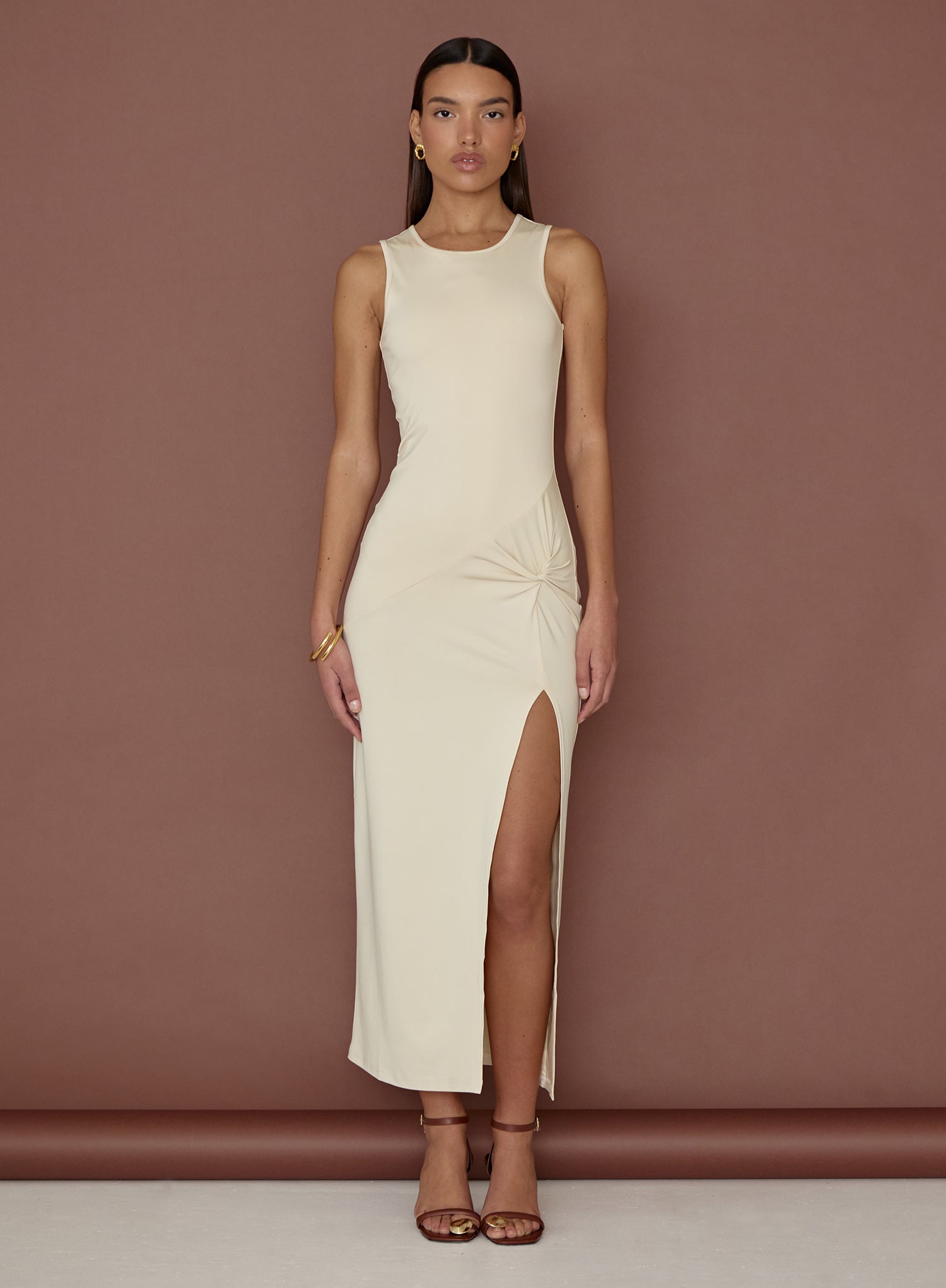 Image of Cream Slinky Side Split Maxi Dress- Lorena