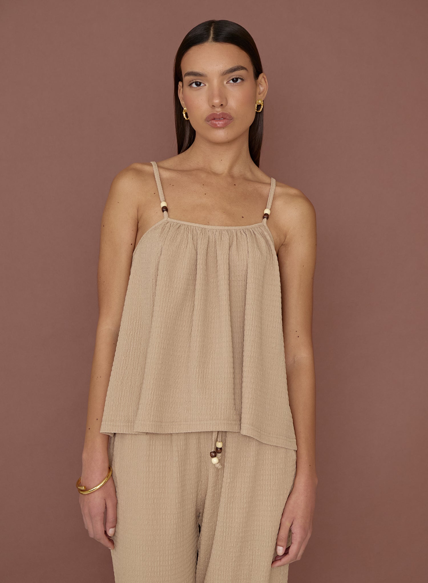 Image of Camel Textured Beaded Cami Top- Gia