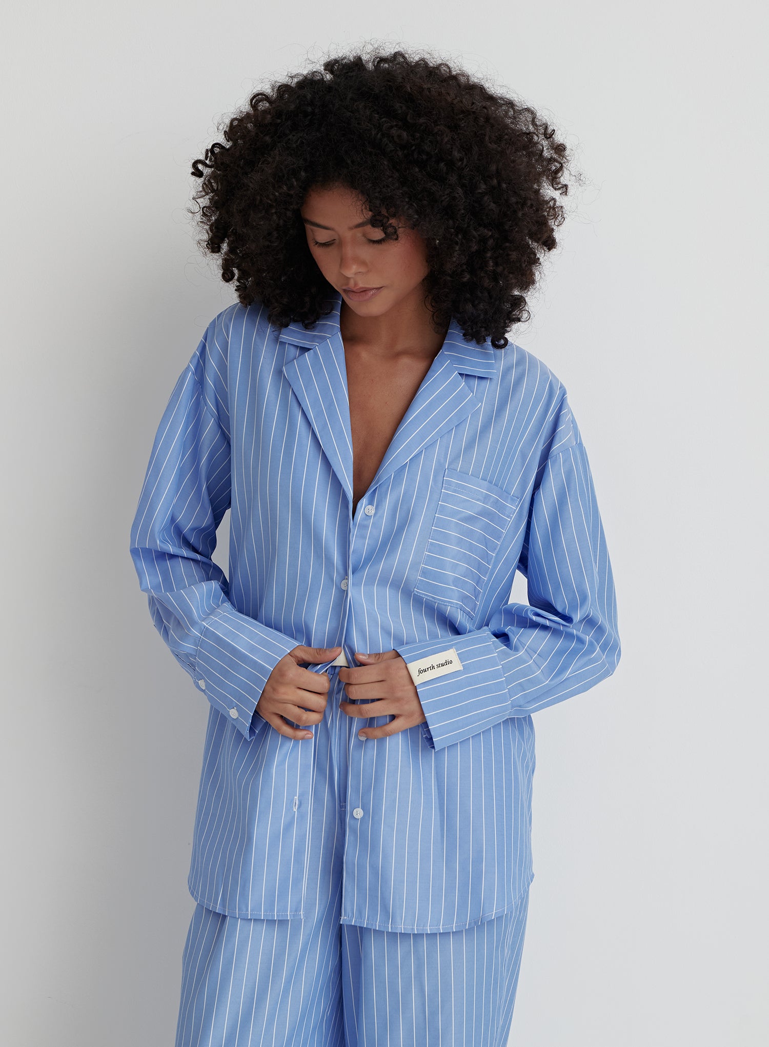 Image of Blue And White Stripe Pyjama Shirt- Aviva
