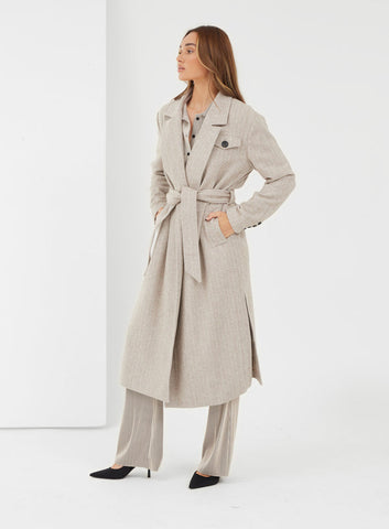 4th And Reckless Long Beige Chevron Coat with Belt