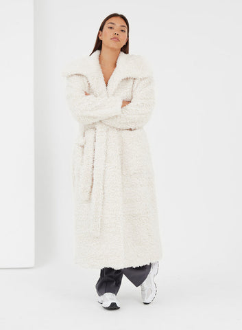 4th And Reckless Longline Shearling Cream Coat with Belt