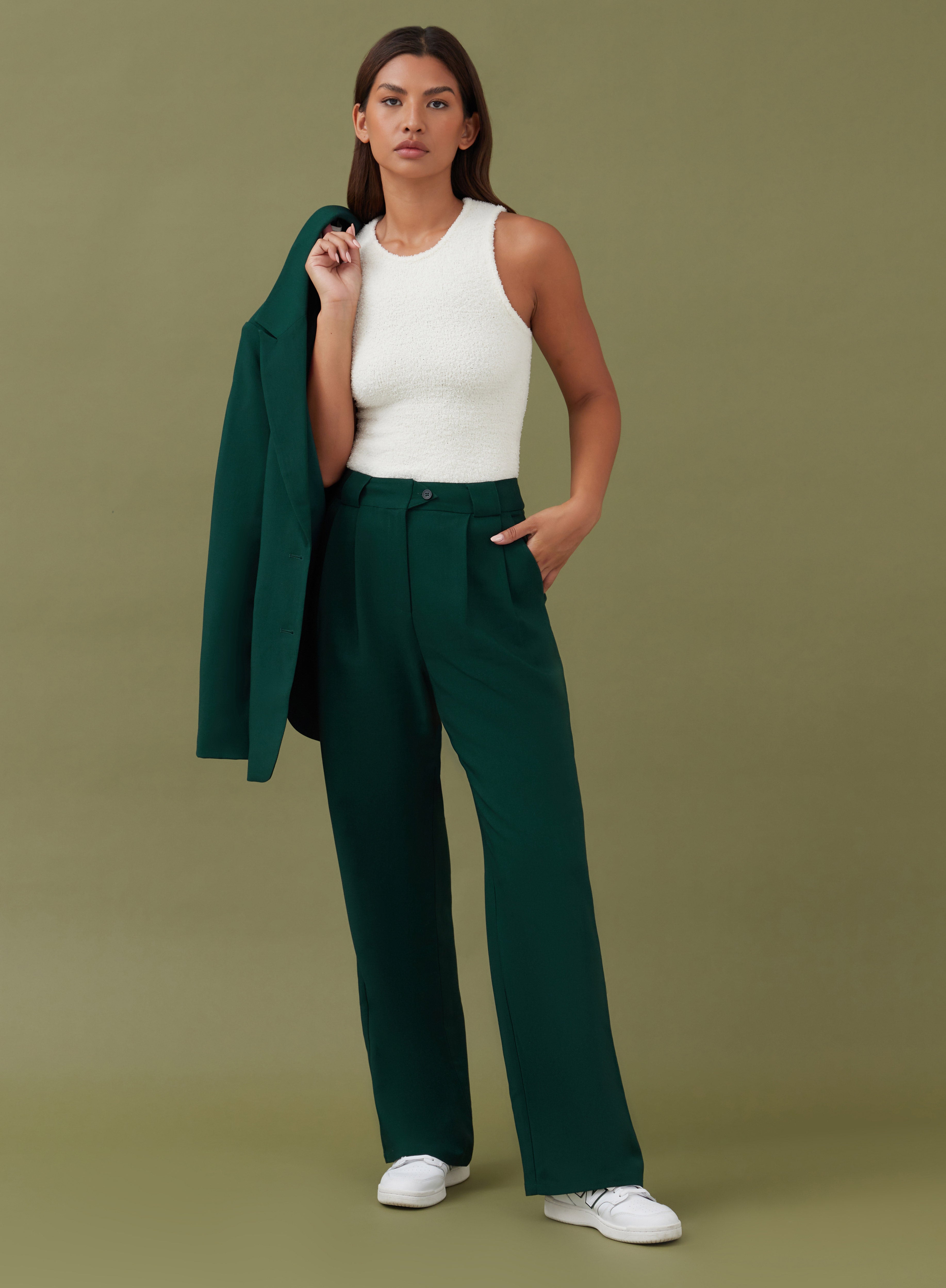 Image of Forest Green Straight Leg Tailored Trousers - Mirelle