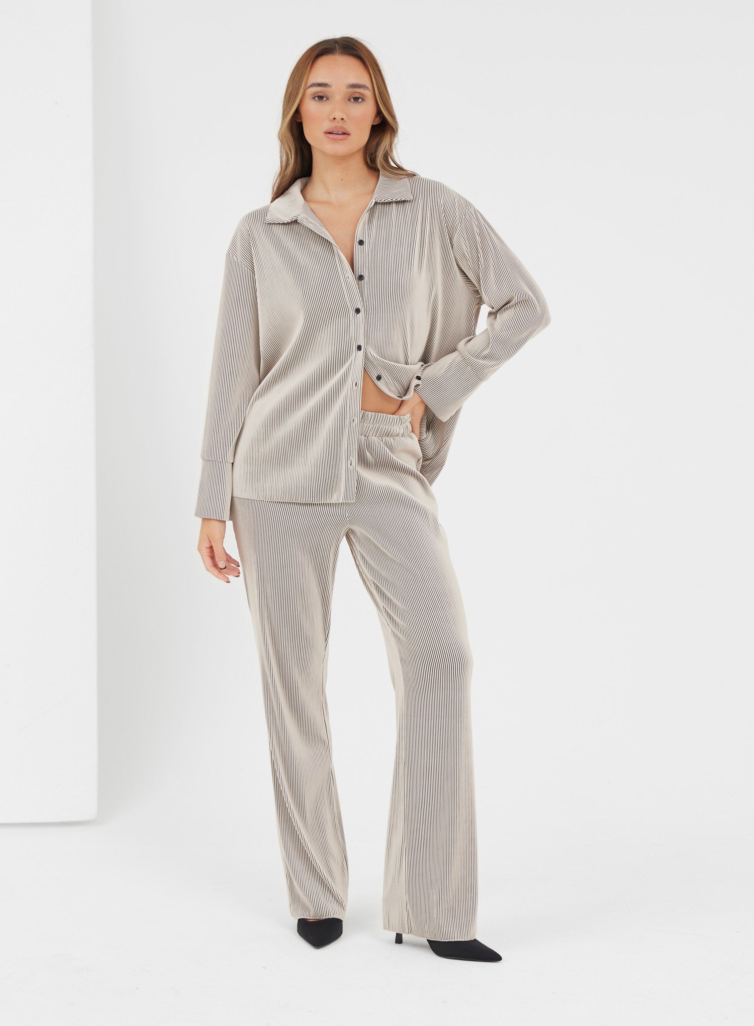 Image of Nude Stripe Relaxed Plisse Trousers - Paltrow
