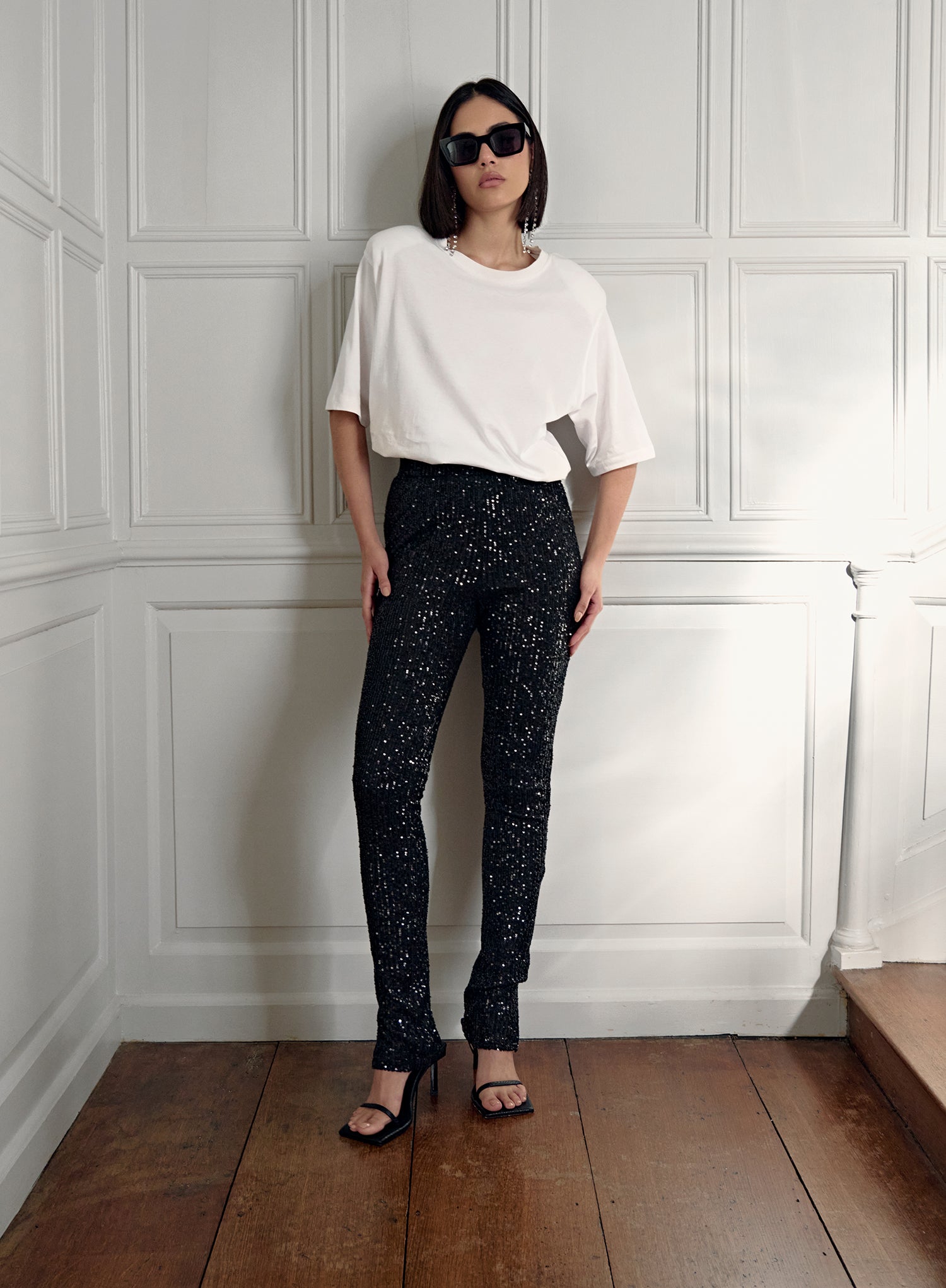 Image of Black Sequin Split Hem Legging - Anette