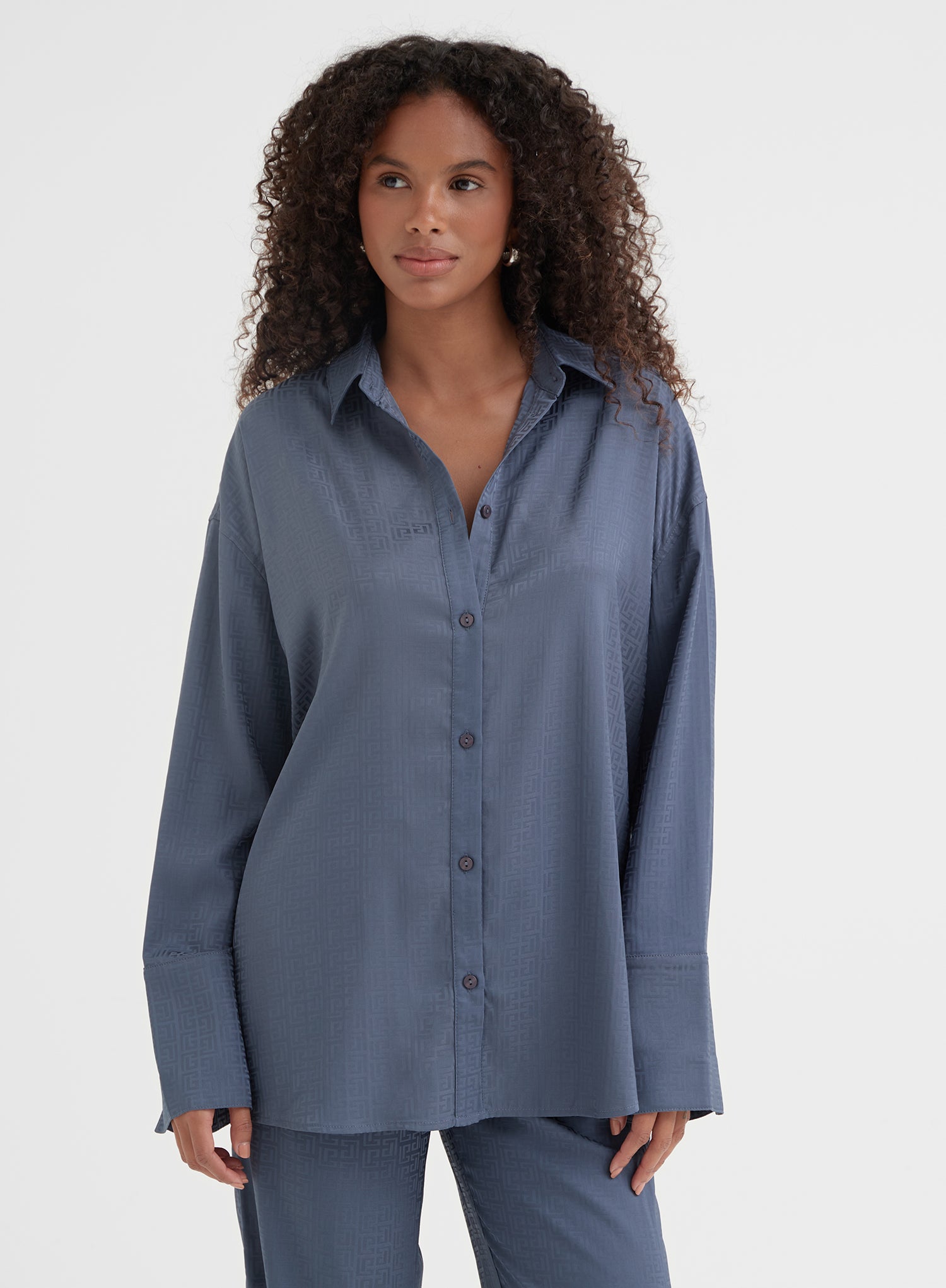 Image of Blue Relaxed Geo Print Satin Shirt - Mimi