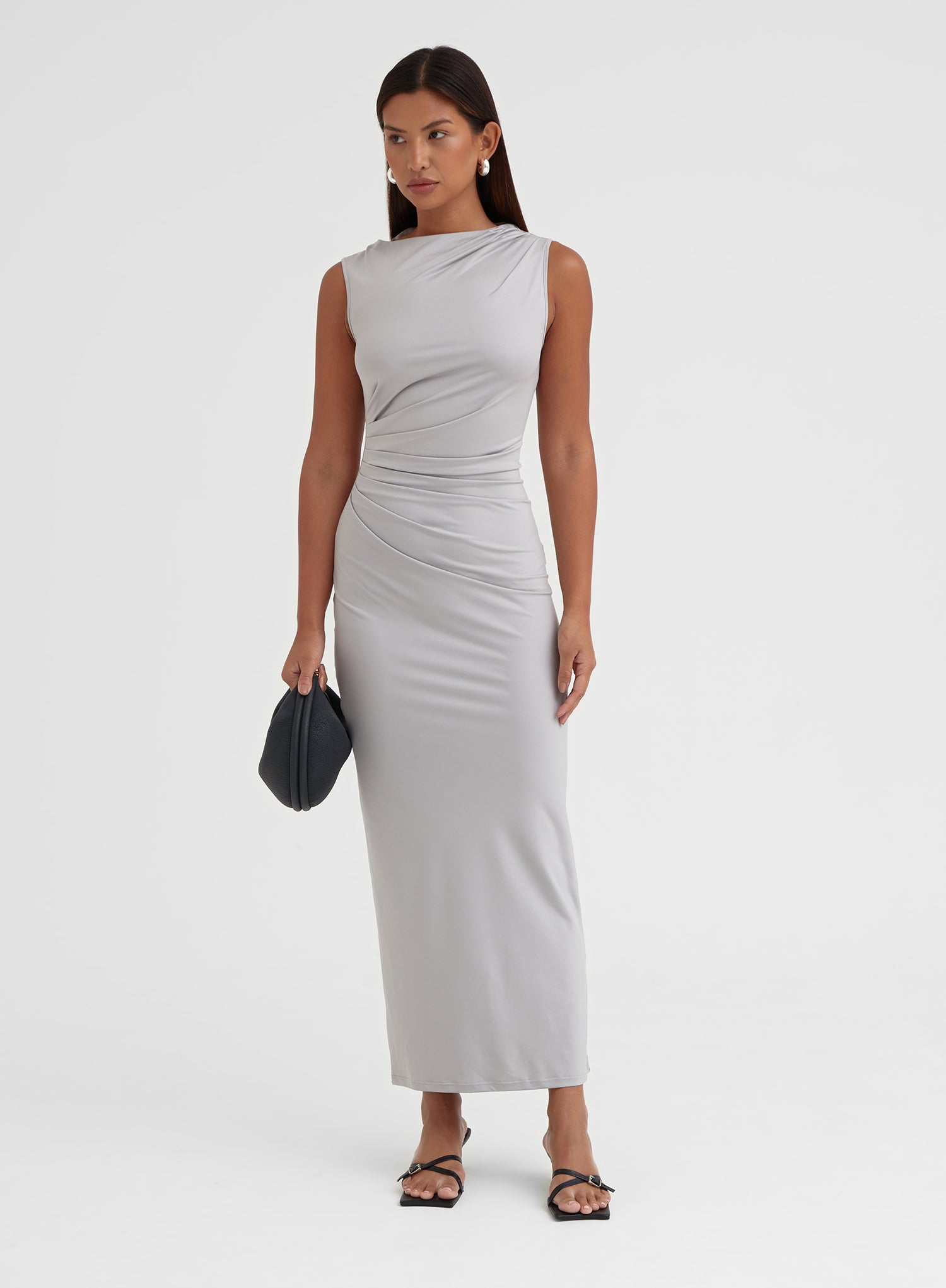 Image of Grey Ruched Jersey Midaxi Dress - Tamilda