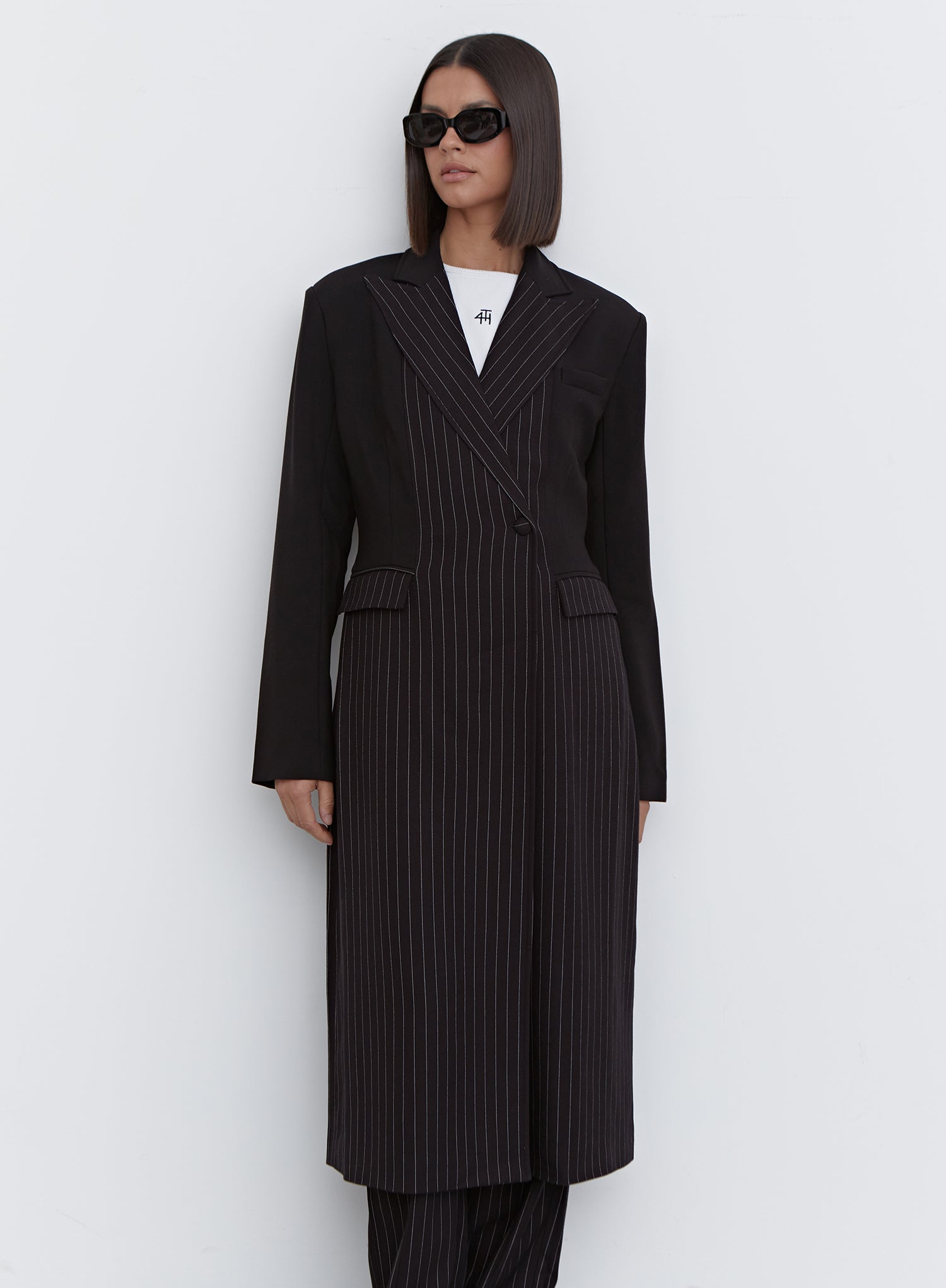 Image of Black Pinstripe Tailored Longline Coat - Libby