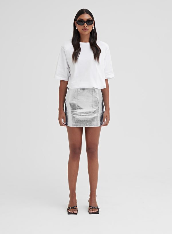 Women's Blue Metallic Faux Leather Mini Skirt | Kiki | 4th & Reckless