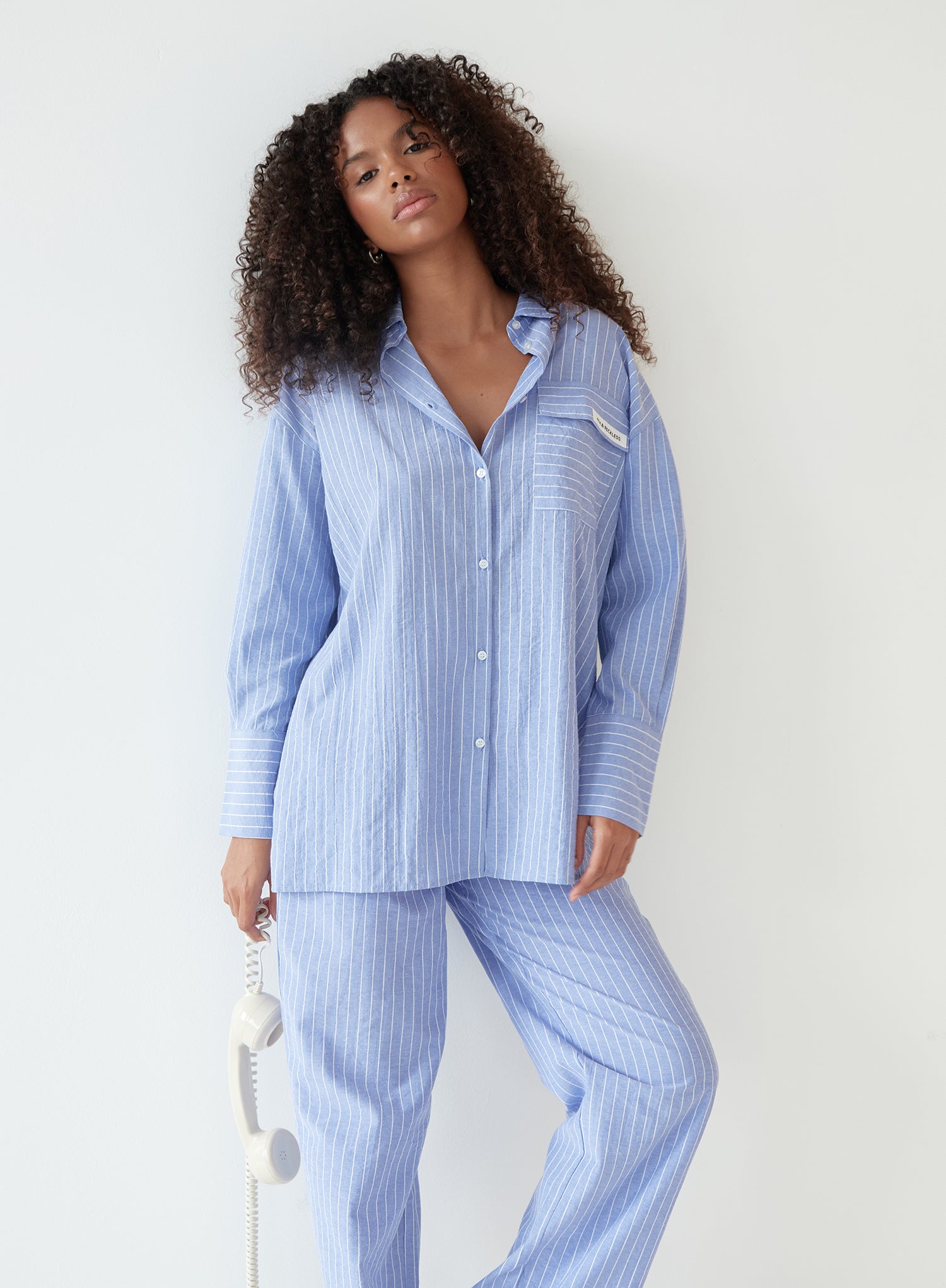 Image of Blue Pinstripe Cotton Blend Pyjama Shirt - Cabo