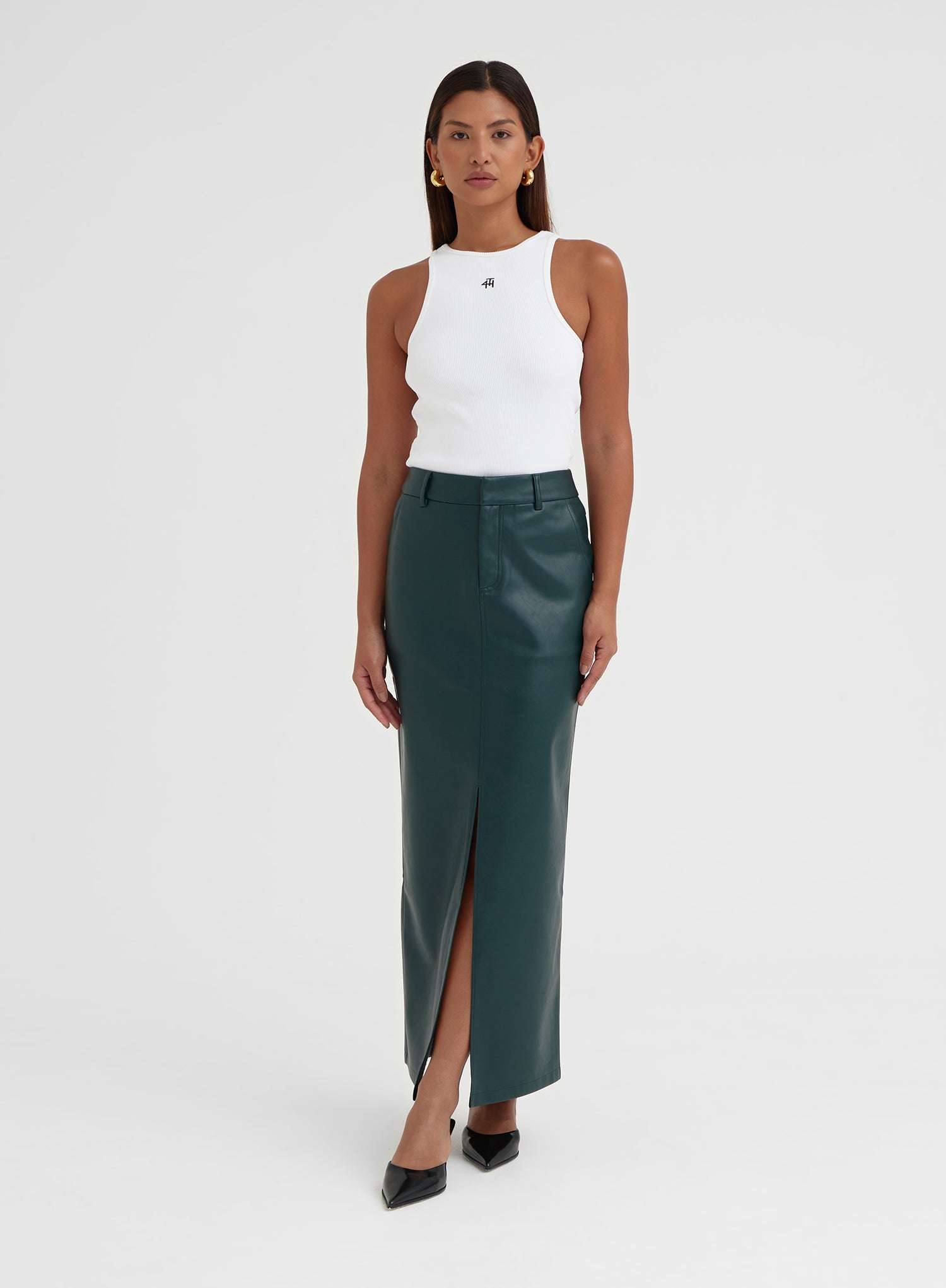 Image of Green Split Front Faux Leather Midaxi Skirt - Nimah