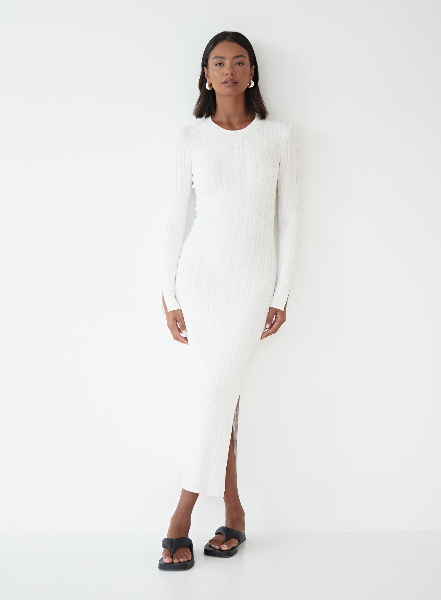 Image of White Knitted Split Detail Midi Dress - Kalea