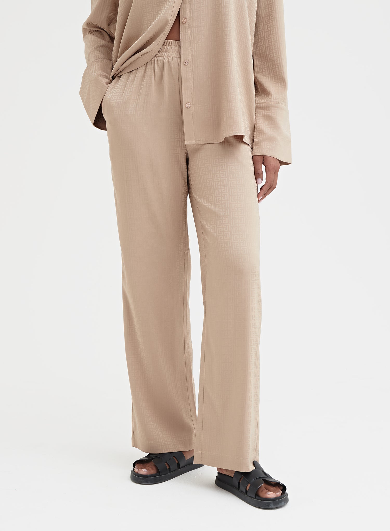 Image of Camel Relaxed Geo Print Satin Trouser - Mimi
