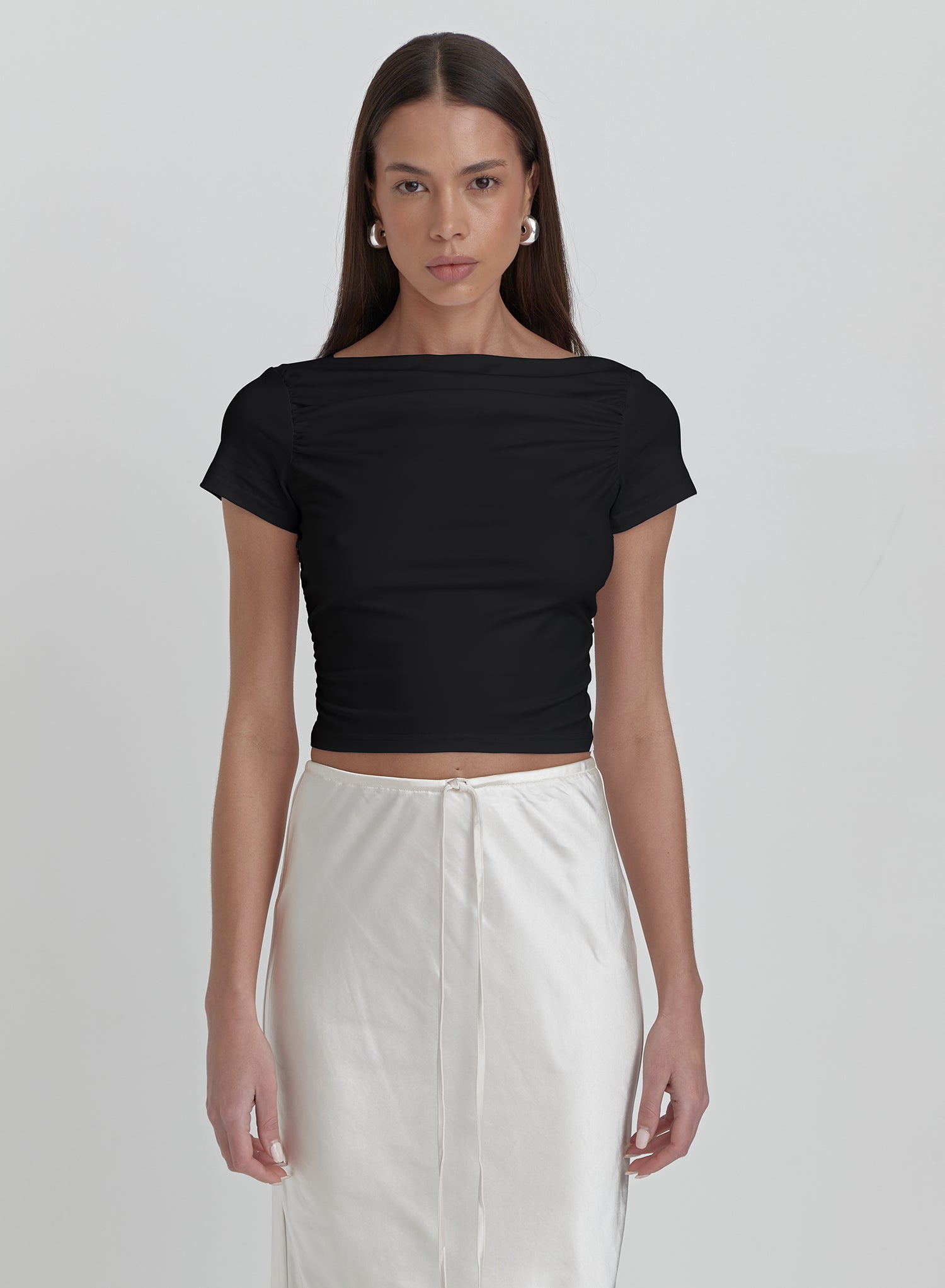 Image of Black Ruched Jersey Cropped T-shirt- Darrilyn