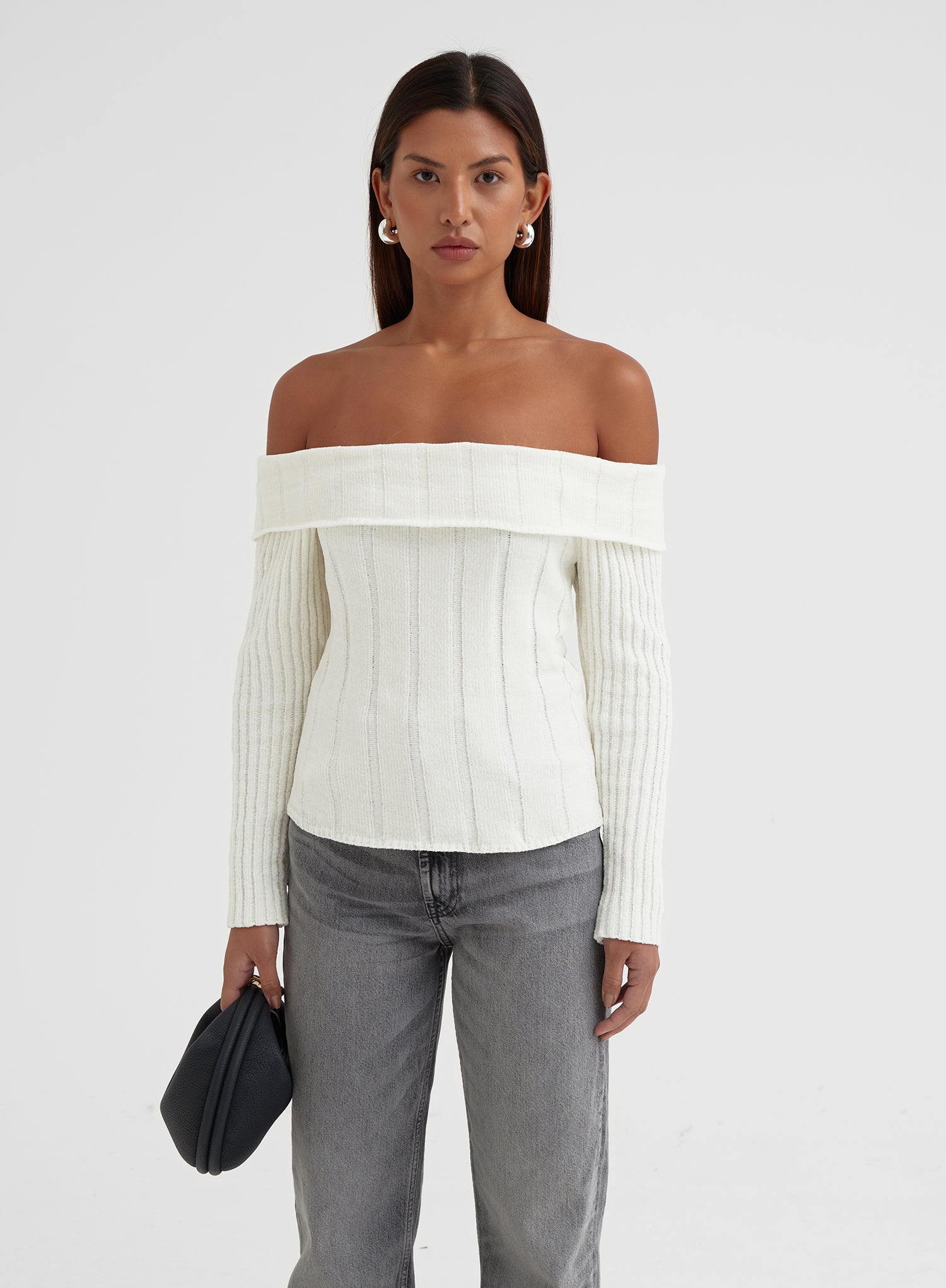 Image of White Knitted Foldover Bardot Top - Allegra